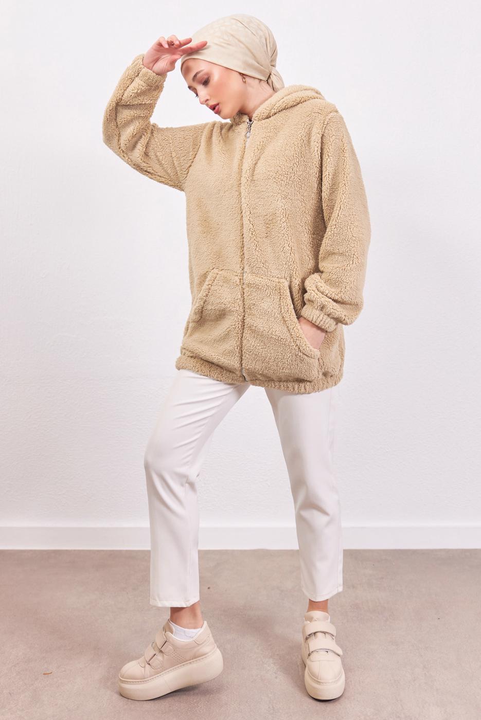 Vêtements hijab BEIGE VESTE PELUCHE À CAPUCHE T 3453