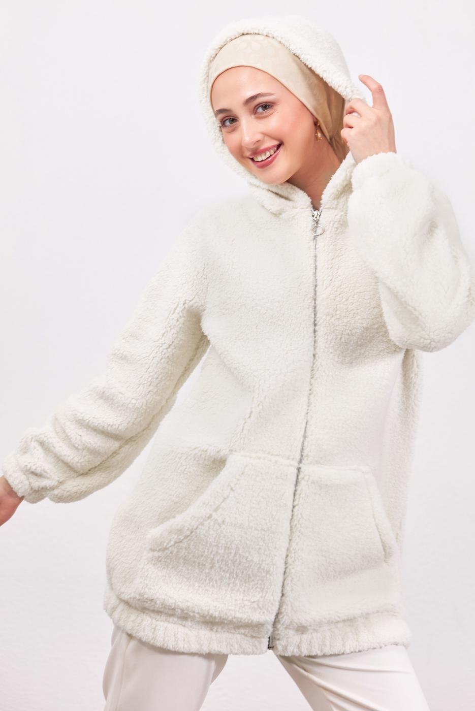 Hijab clothing ECRU HOODED PLUSHY JACKET T 3453