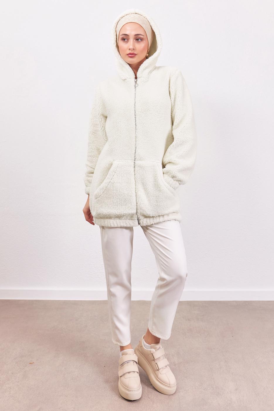 Hijab clothing ECRU HOODED PLUSHY JACKET T 3453