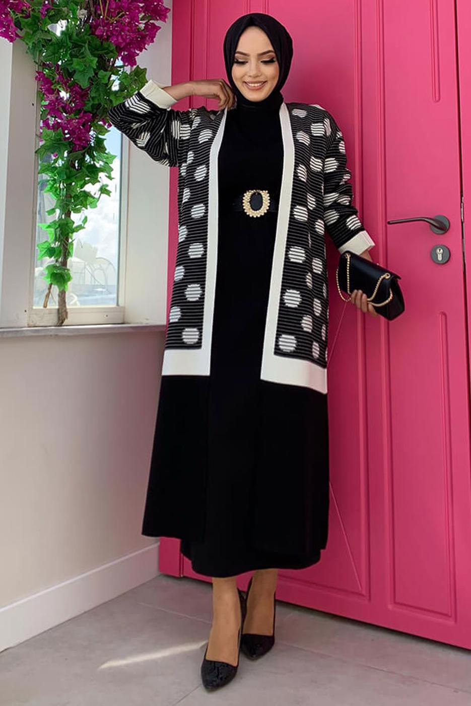 Hijab clothing BLACK POLKA DOTTED KNITWEAR JACKET T 4216