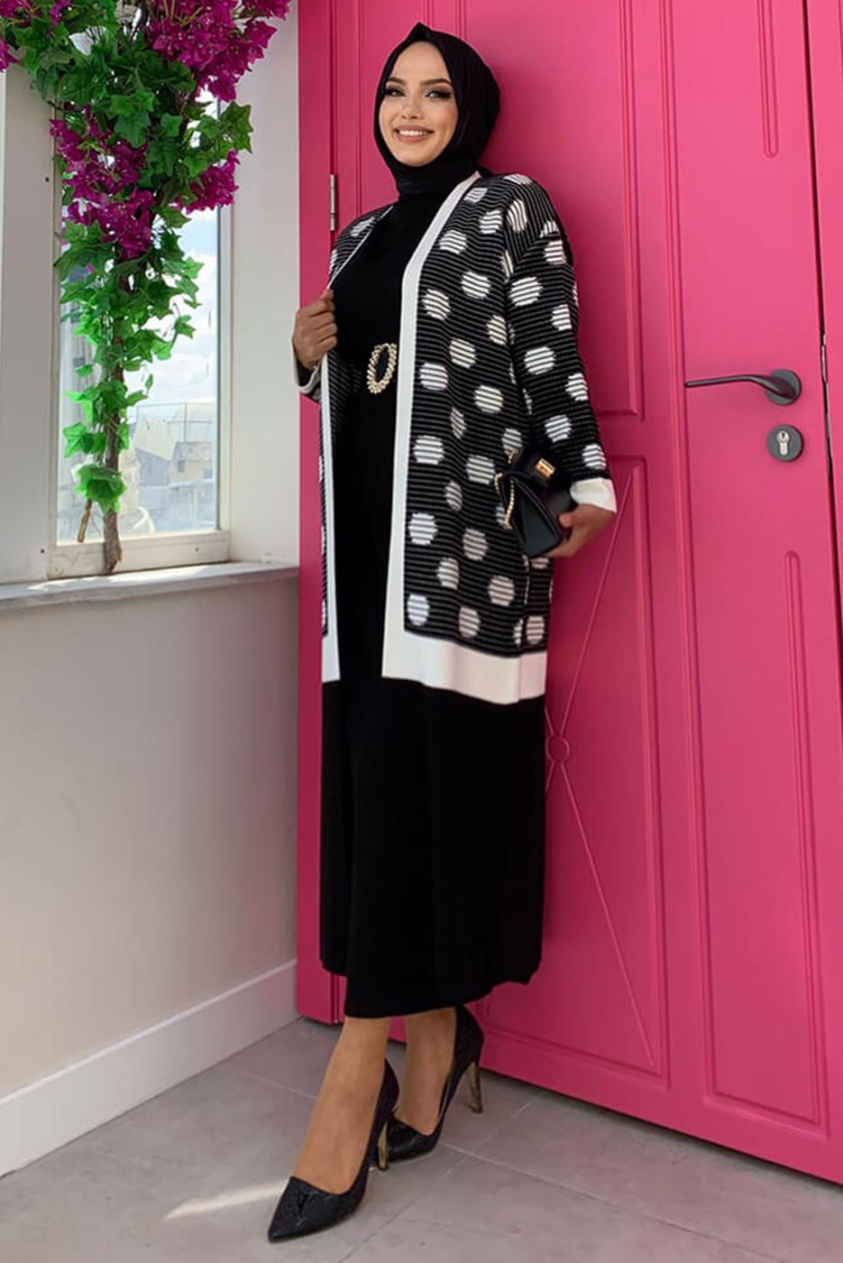 Hijab clothing BLACK POLKA DOTTED KNITWEAR JACKET T 4216