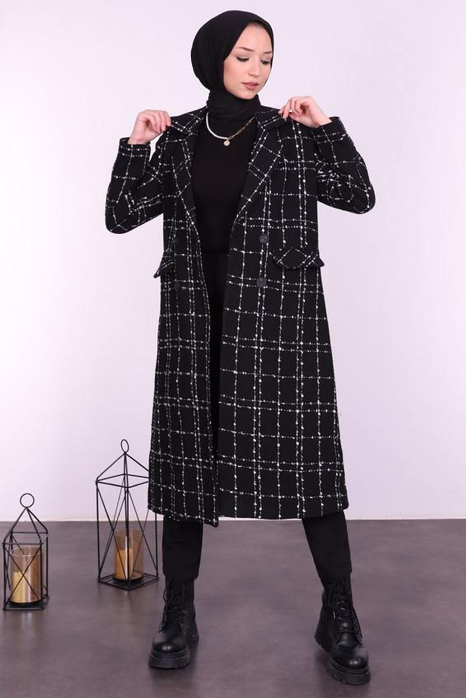 Hijab clothing BLACK PLAID PATTERNED JACKET T 4247