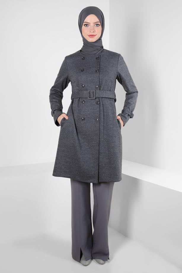 Hijab clothing GREY ALVINA BELTED JACKET T 44278 - TRENDTESETTÜR