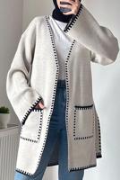 Tesettür giyim EKRU KUŞAKLI TRİKO HIRKA T 4788