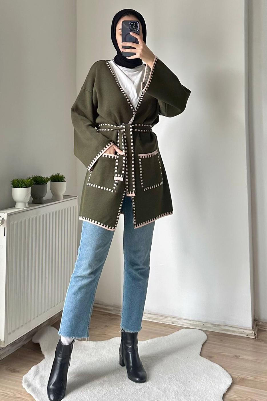 Hijab clothing KHAKI BELTED KNITWEAR CARDIGAN T 4788