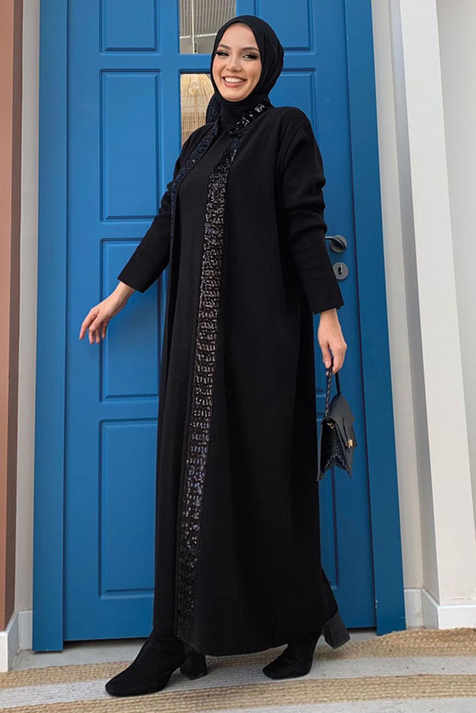 Hijab clothing BLACK SEQUINED KNITWEAR CARDIGAN T 51332