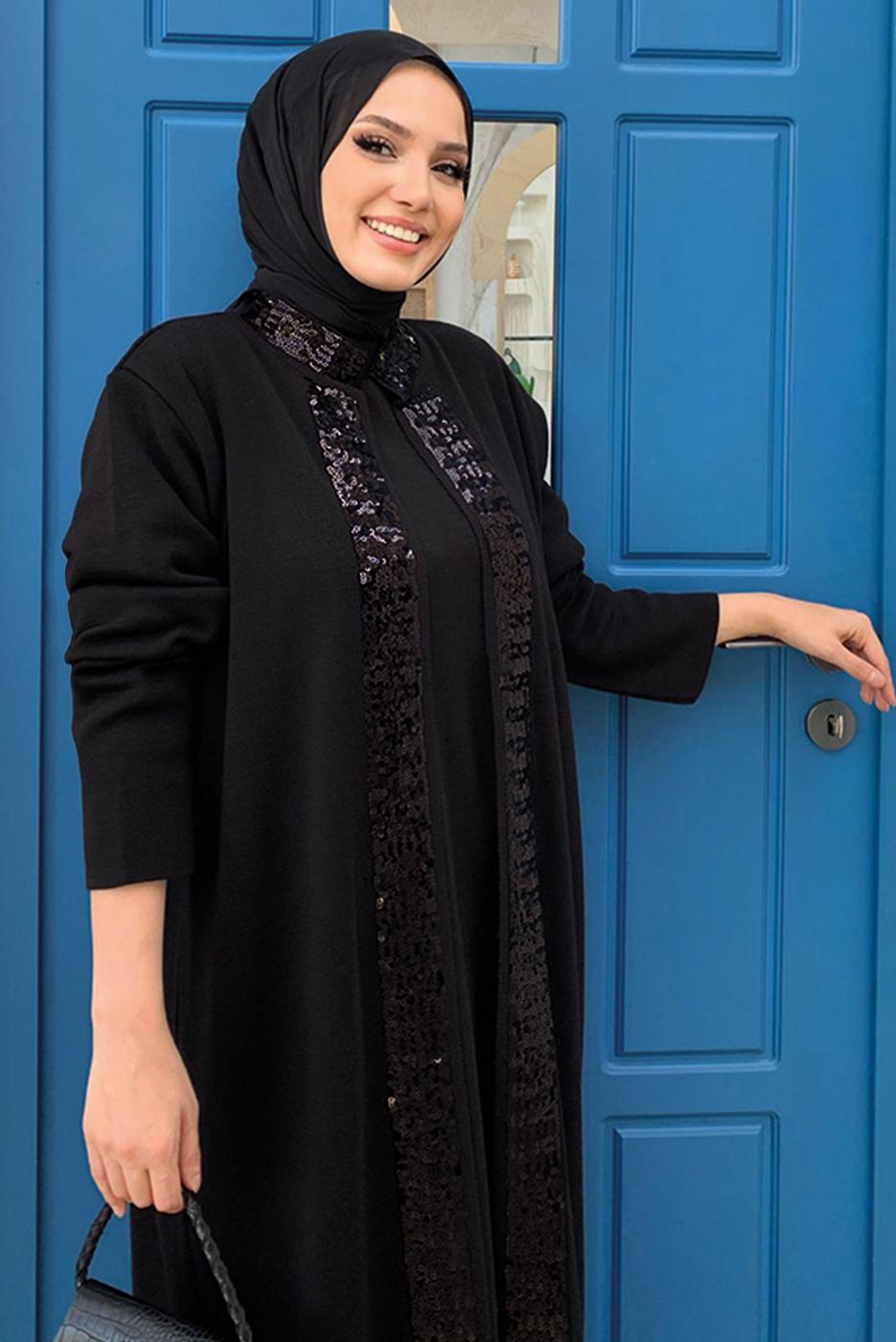 Hijab clothing BLACK SEQUINED KNITWEAR CARDIGAN T 51332