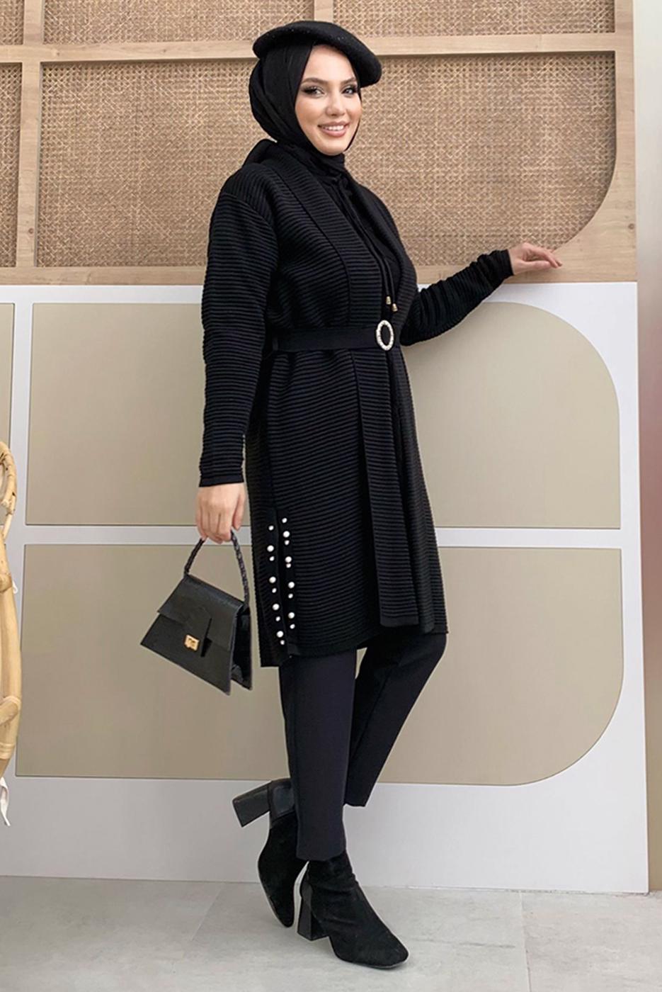 Tesettür giyim SİYAH KUŞAKLI TRİKO HIRKA T 5161