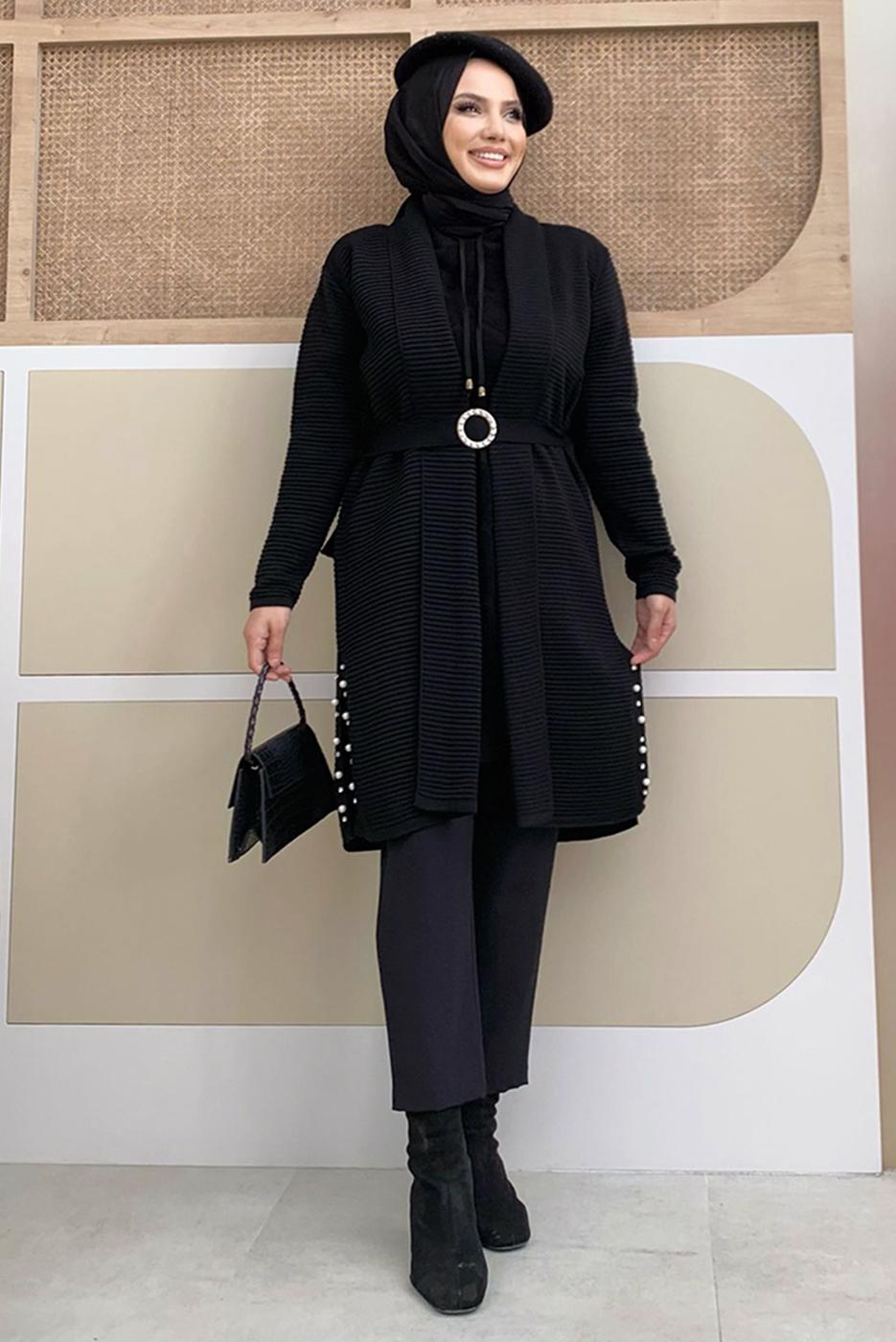 Tesettür giyim SİYAH KUŞAKLI TRİKO HIRKA T 5161