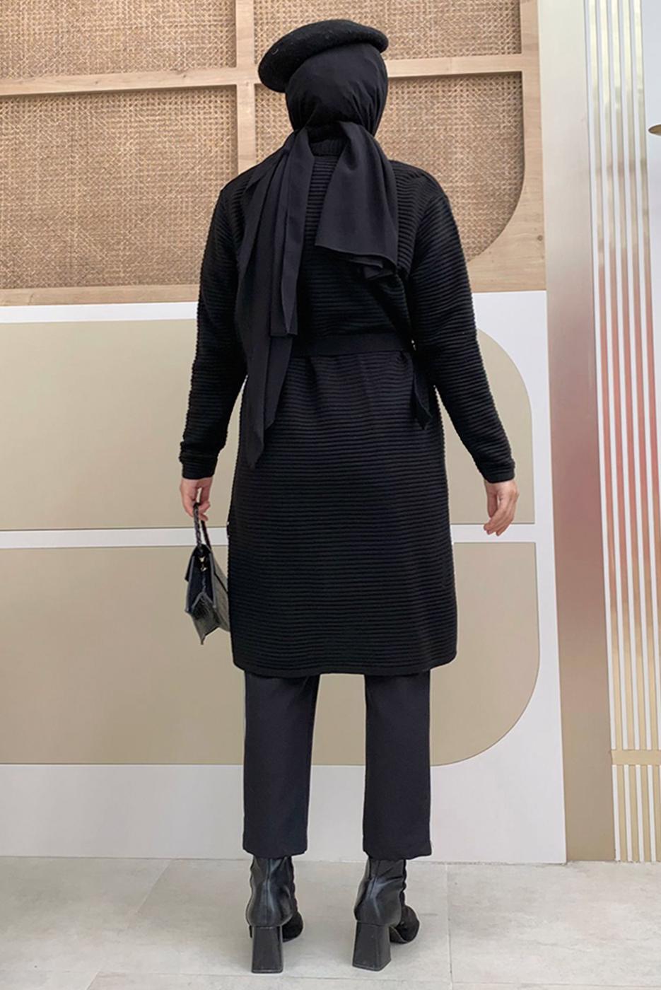 Tesettür giyim SİYAH KUŞAKLI TRİKO HIRKA T 5161