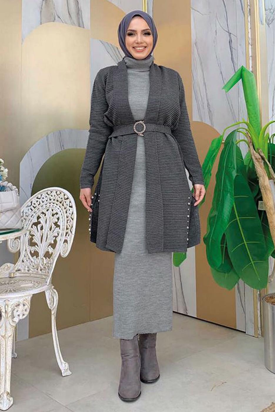Hijab clothing GREY BELTED KNITWEAR JACKET T 5161