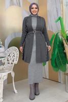 Hijab clothing GREY BELTED KNITWEAR JACKET T 5161