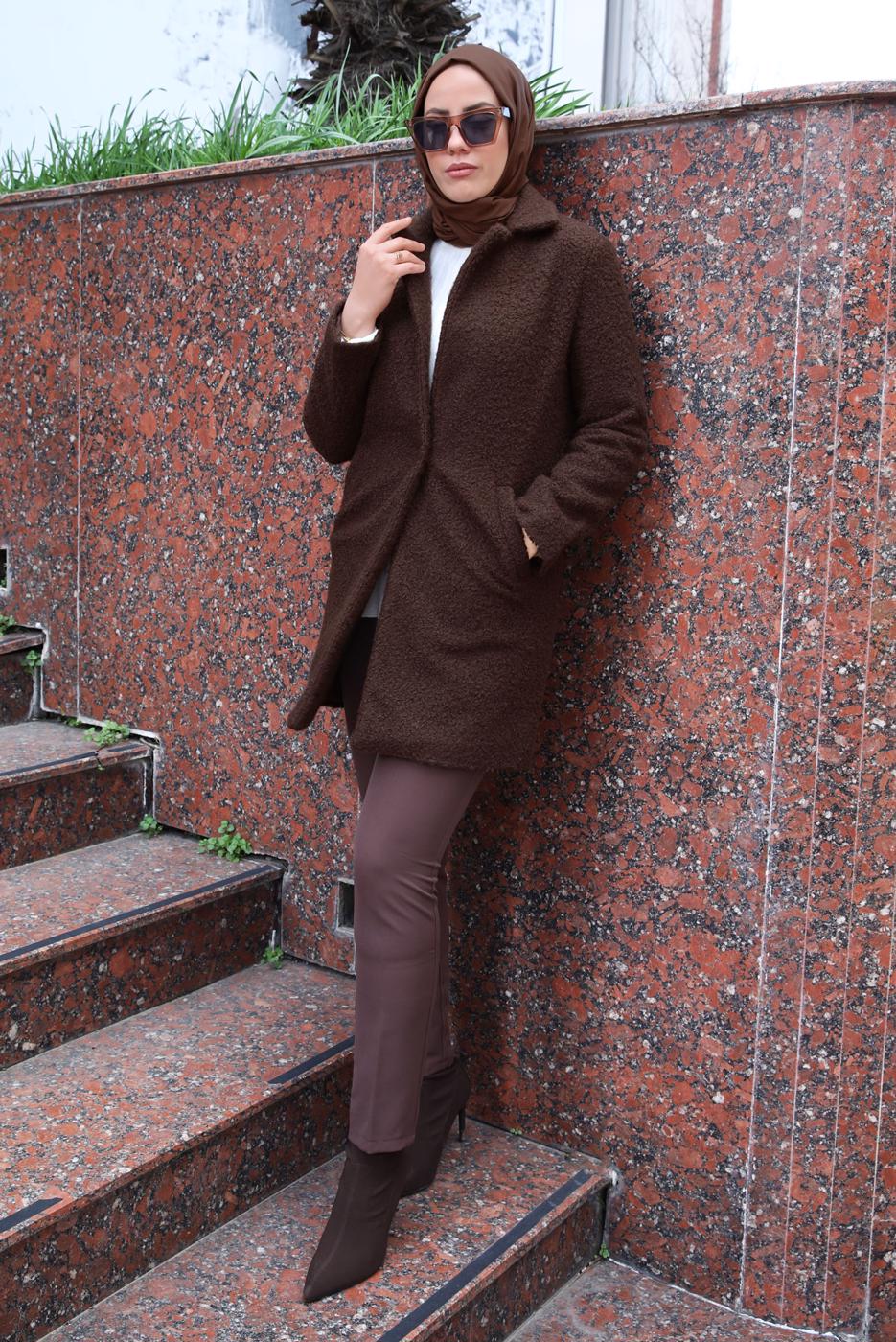 Vêtements hijab BRUN MANTEAU AVEC DÉTAIL DE POCHE T 5327