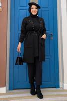 Tesettür giyim SİYAH KUŞAKLI TRİKO HIRKA T 7161