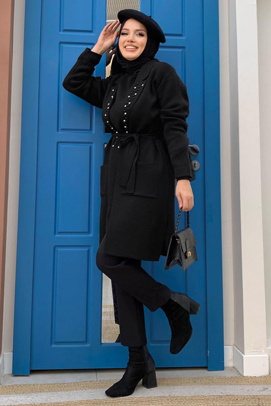 Tesettür giyim SİYAH KUŞAKLI TRİKO HIRKA T 7161