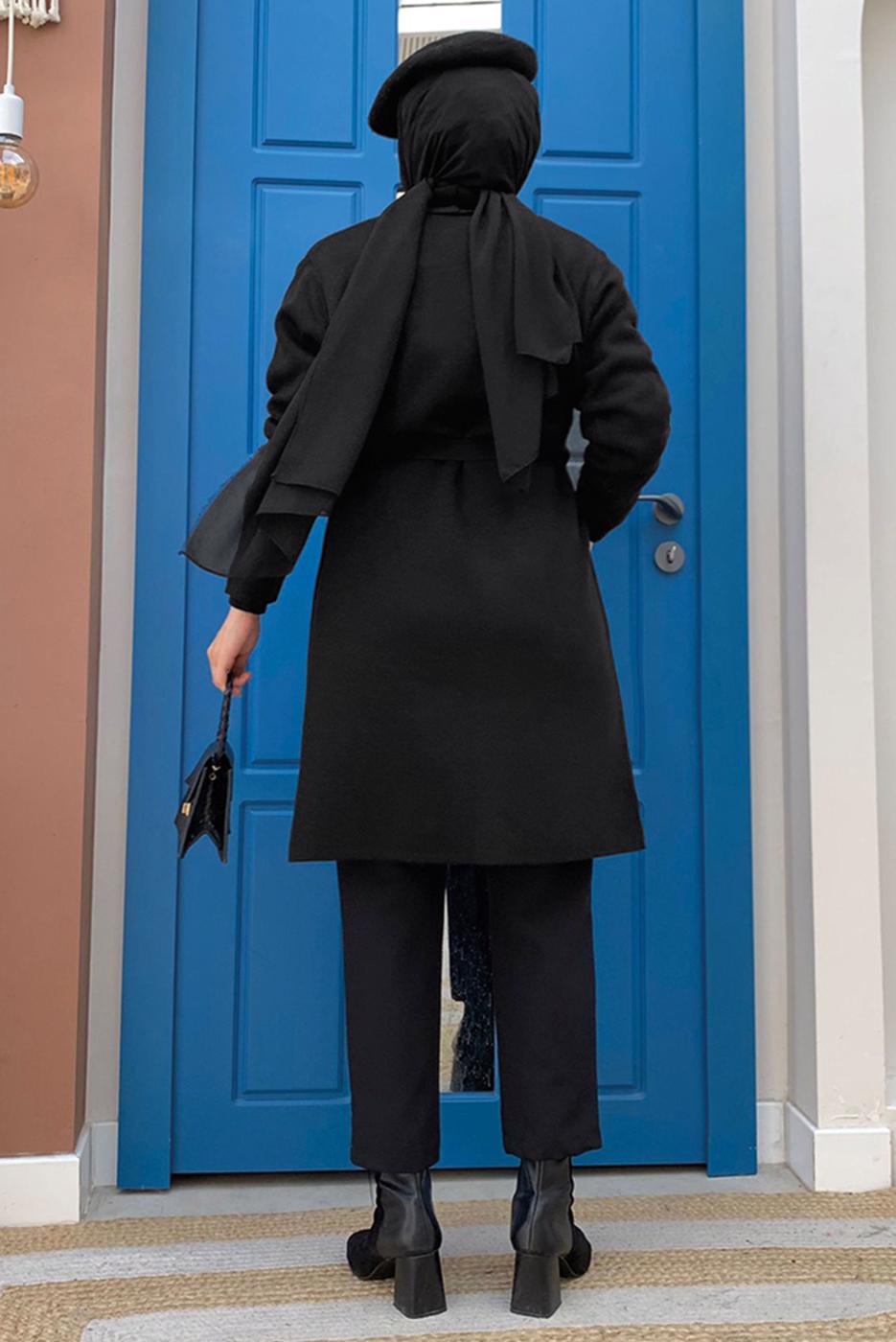 Tesettür giyim SİYAH KUŞAKLI TRİKO HIRKA T 7161