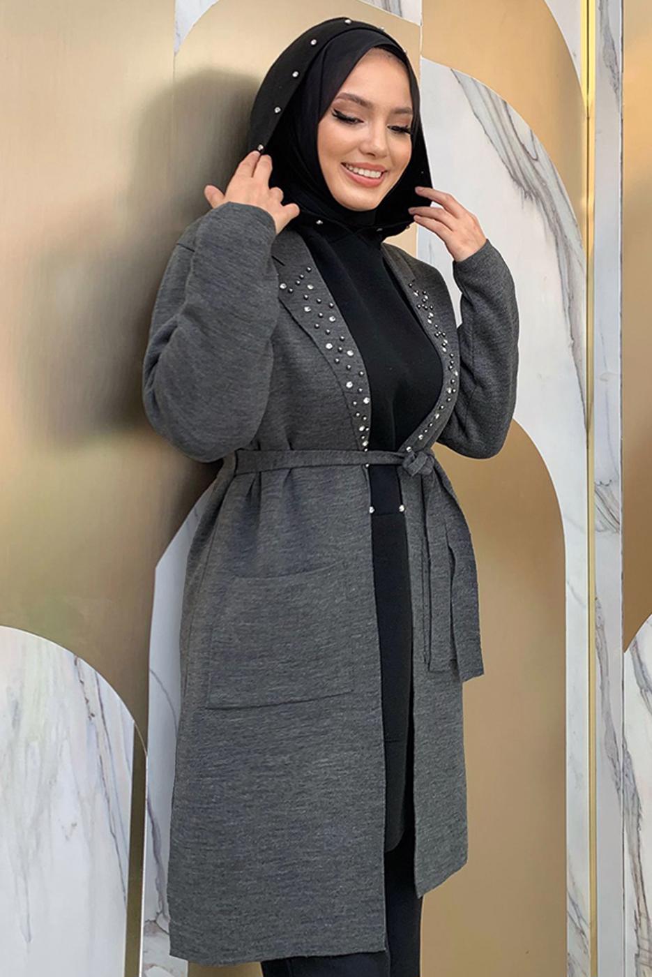 Hijab clothing GREY BELTED KNITWEAR CARDIGAN T 7161