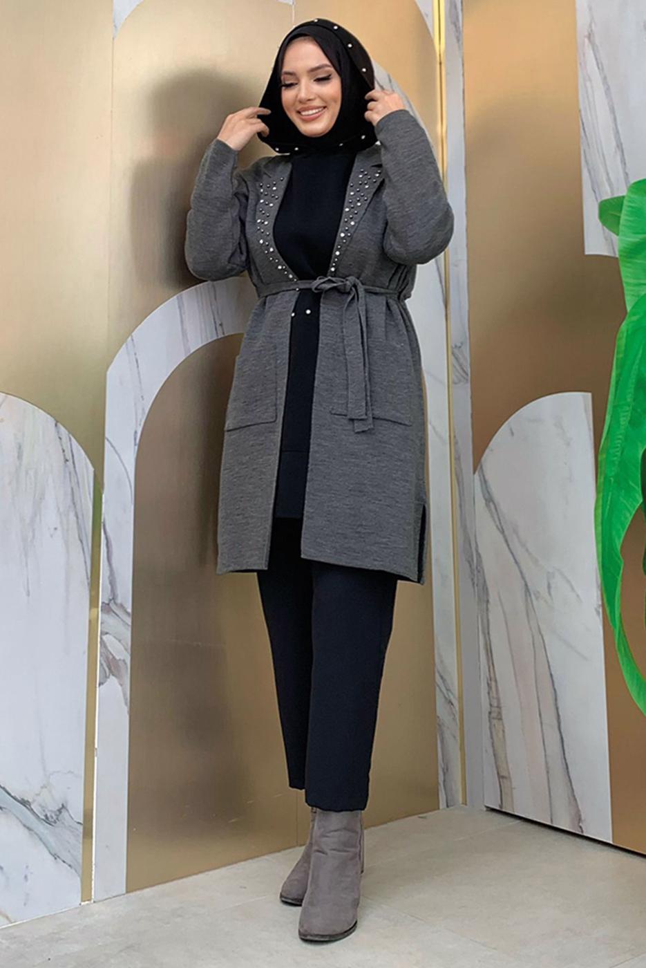 Hijab clothing GREY BELTED KNITWEAR CARDIGAN T 7161