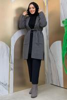 Hijab clothing GREY BELTED KNITWEAR CARDIGAN T 7161