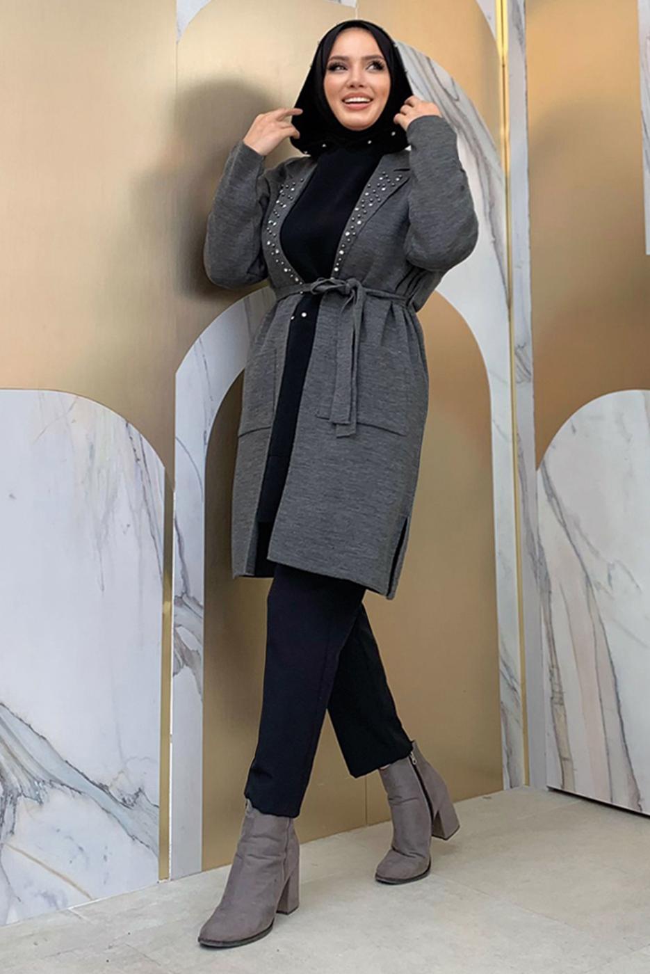 Hijab clothing GREY BELTED KNITWEAR CARDIGAN T 7161