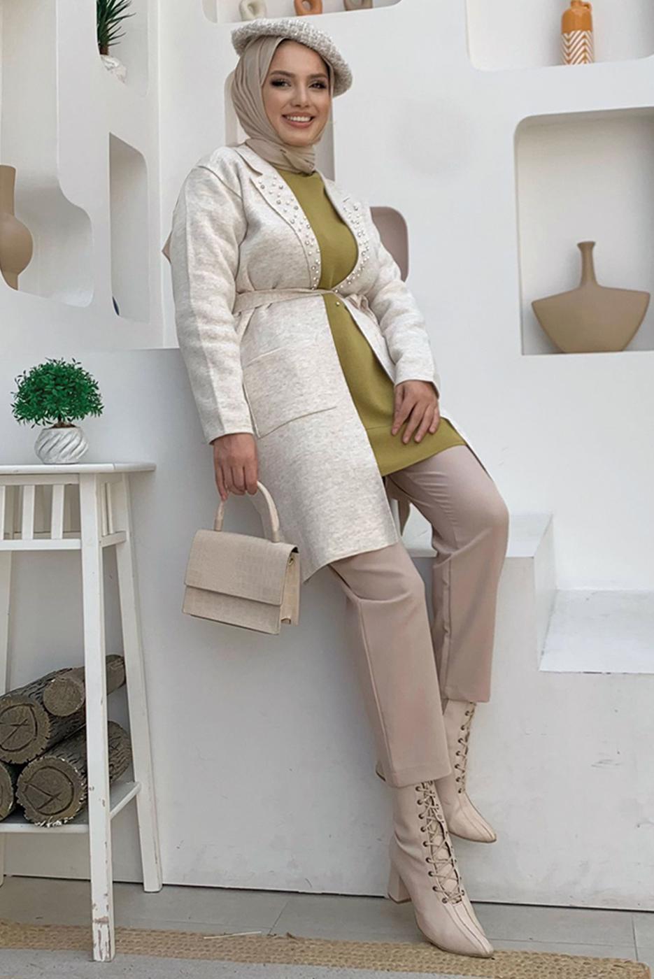 Hijab clothing BEIGE BELTED KNITWEAR CARDIGAN T 7161