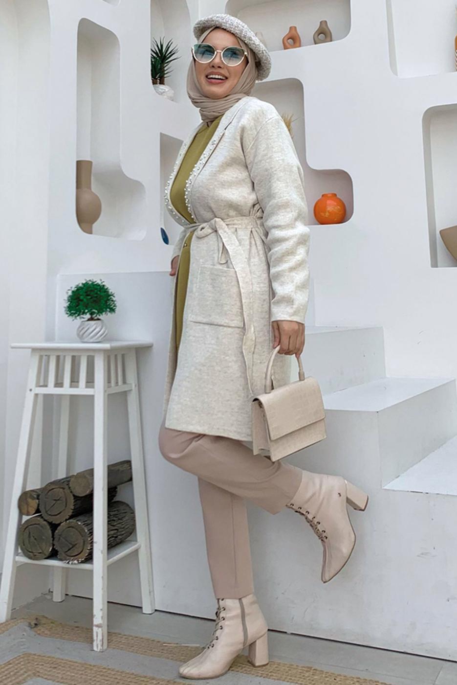 Hijab clothing BEIGE BELTED KNITWEAR CARDIGAN T 7161