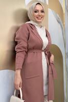 Tesettür giyim PEMBE KUŞAKLI TRİKO HIRKA T 7161