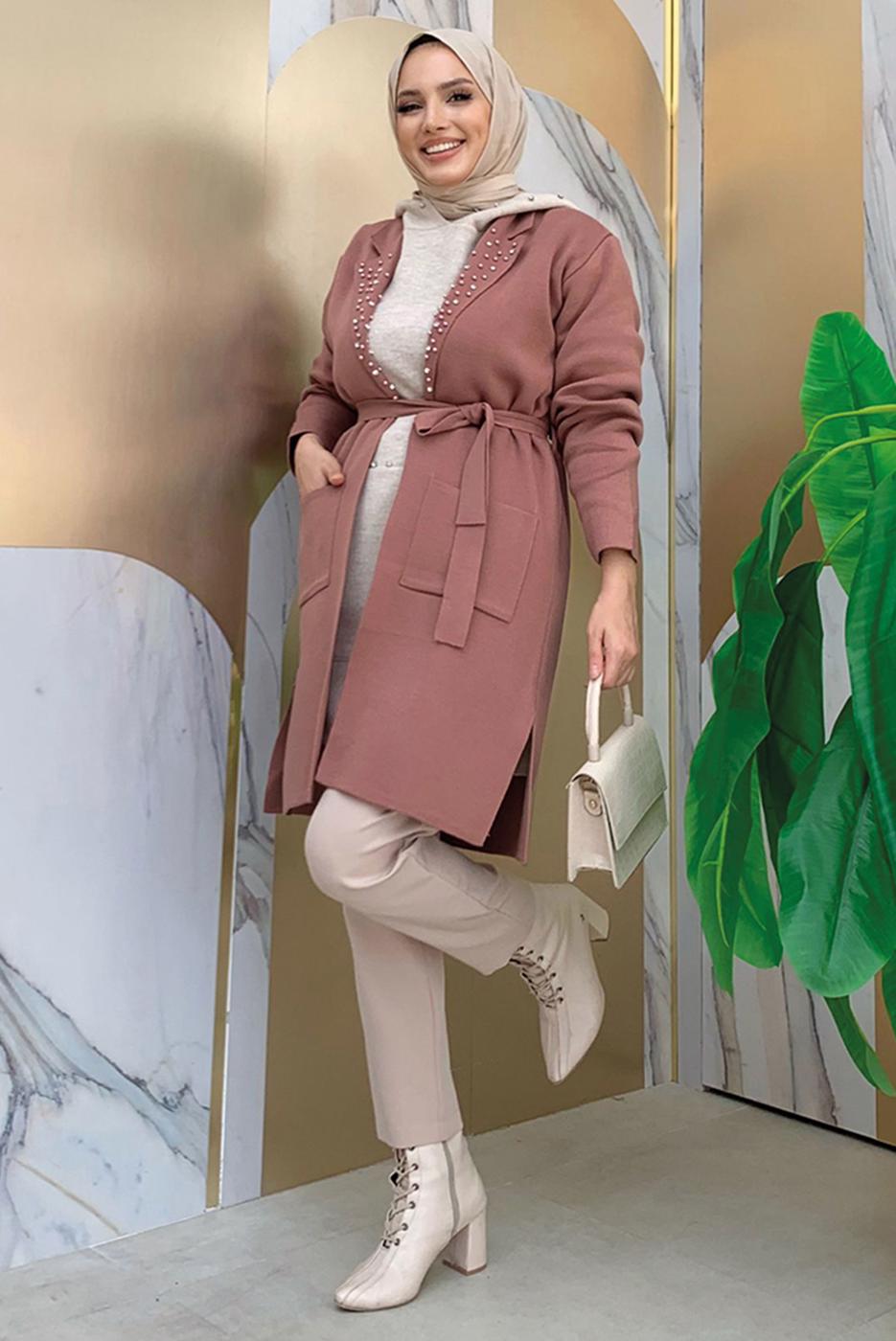 Tesettür giyim PEMBE KUŞAKLI TRİKO HIRKA T 7161