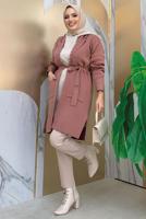 Tesettür giyim PEMBE KUŞAKLI TRİKO HIRKA T 7161