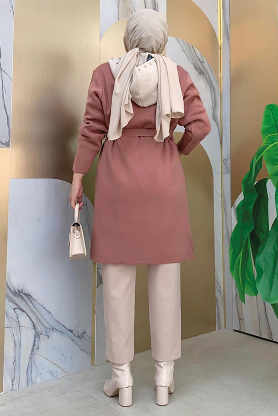 Tesettür giyim PEMBE KUŞAKLI TRİKO HIRKA T 7161