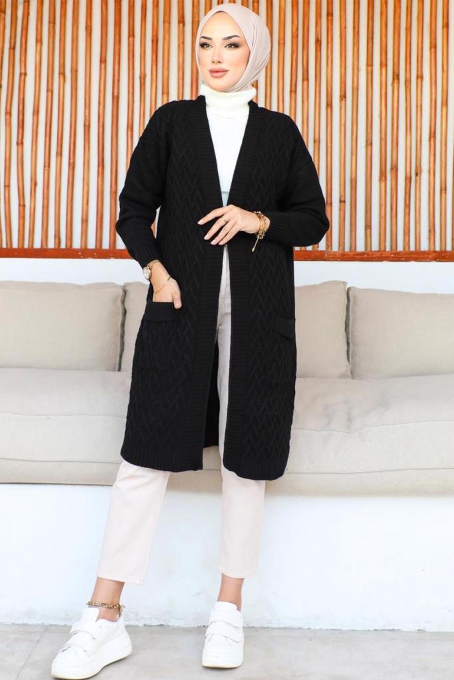 Tesettür giyim SİYAH UZUN TRİKO HIRKA T 7604
