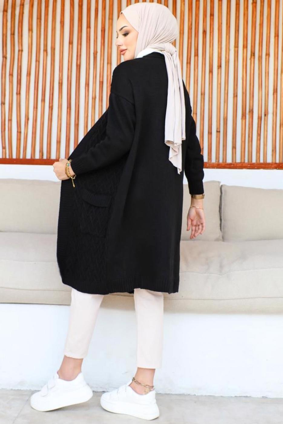 Tesettür giyim SİYAH UZUN TRİKO HIRKA T 7604