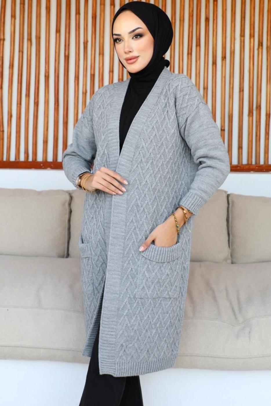 Tesettür giyim GRİ UZUN TRİKO HIRKA T 7604