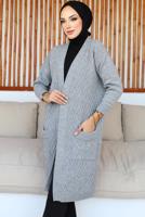 Tesettür giyim GRİ UZUN TRİKO HIRKA T 7604