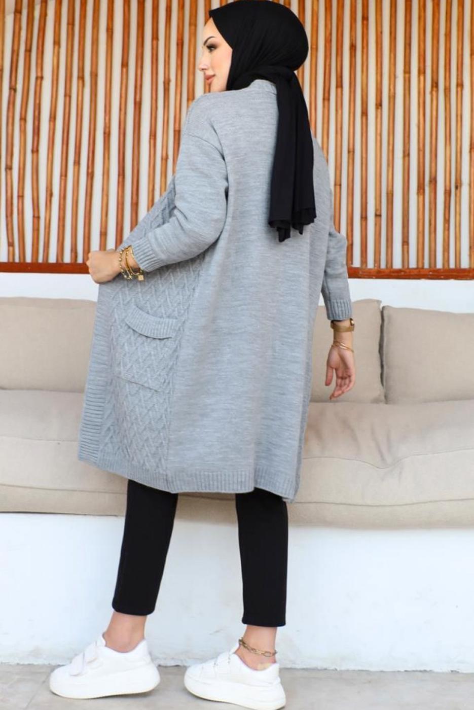 Tesettür giyim GRİ UZUN TRİKO HIRKA T 7604