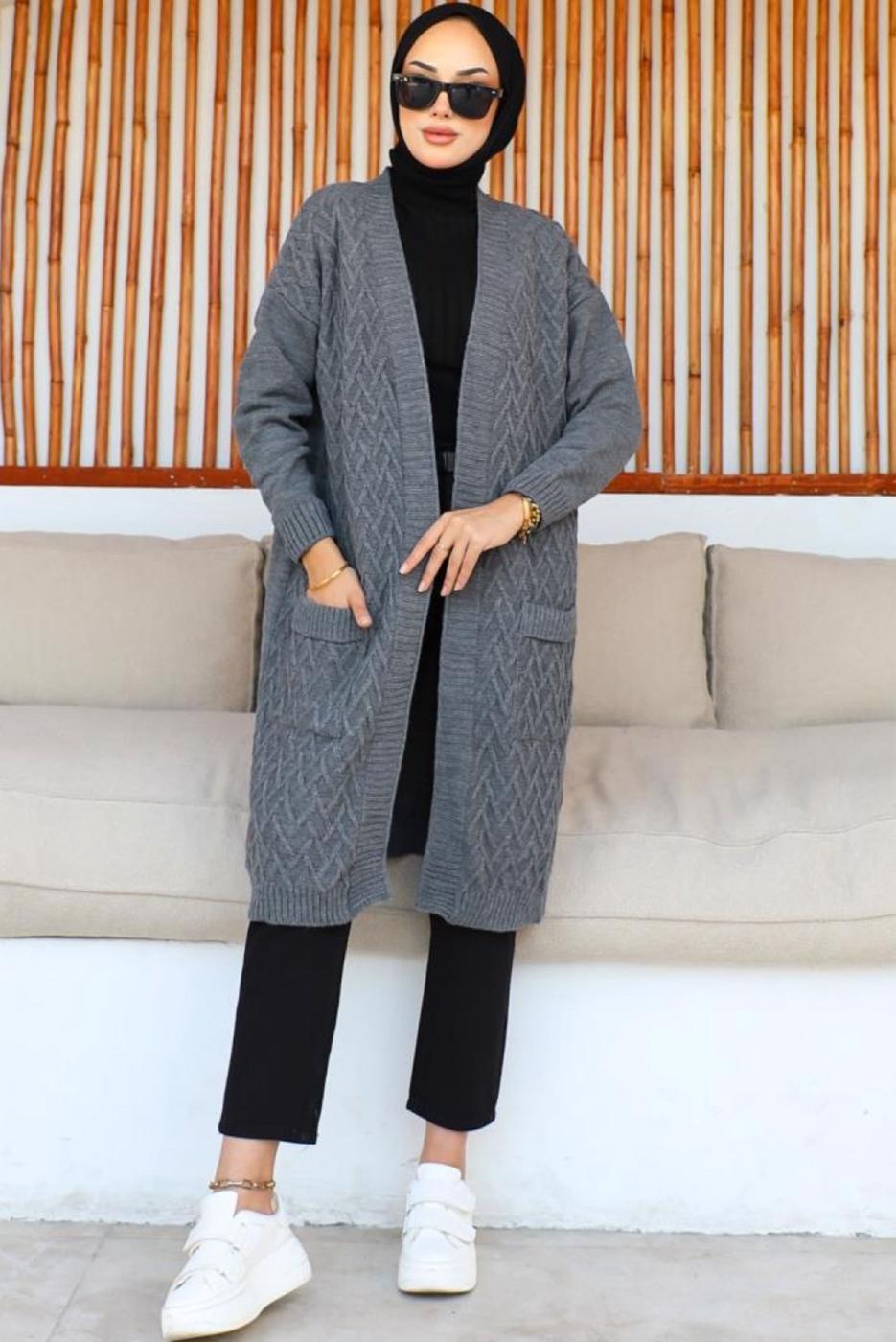 Tesettür giyim GRİ UZUN TRİKO HIRKA T 7604