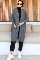 Tesettür giyim GRİ UZUN TRİKO HIRKA T 7604