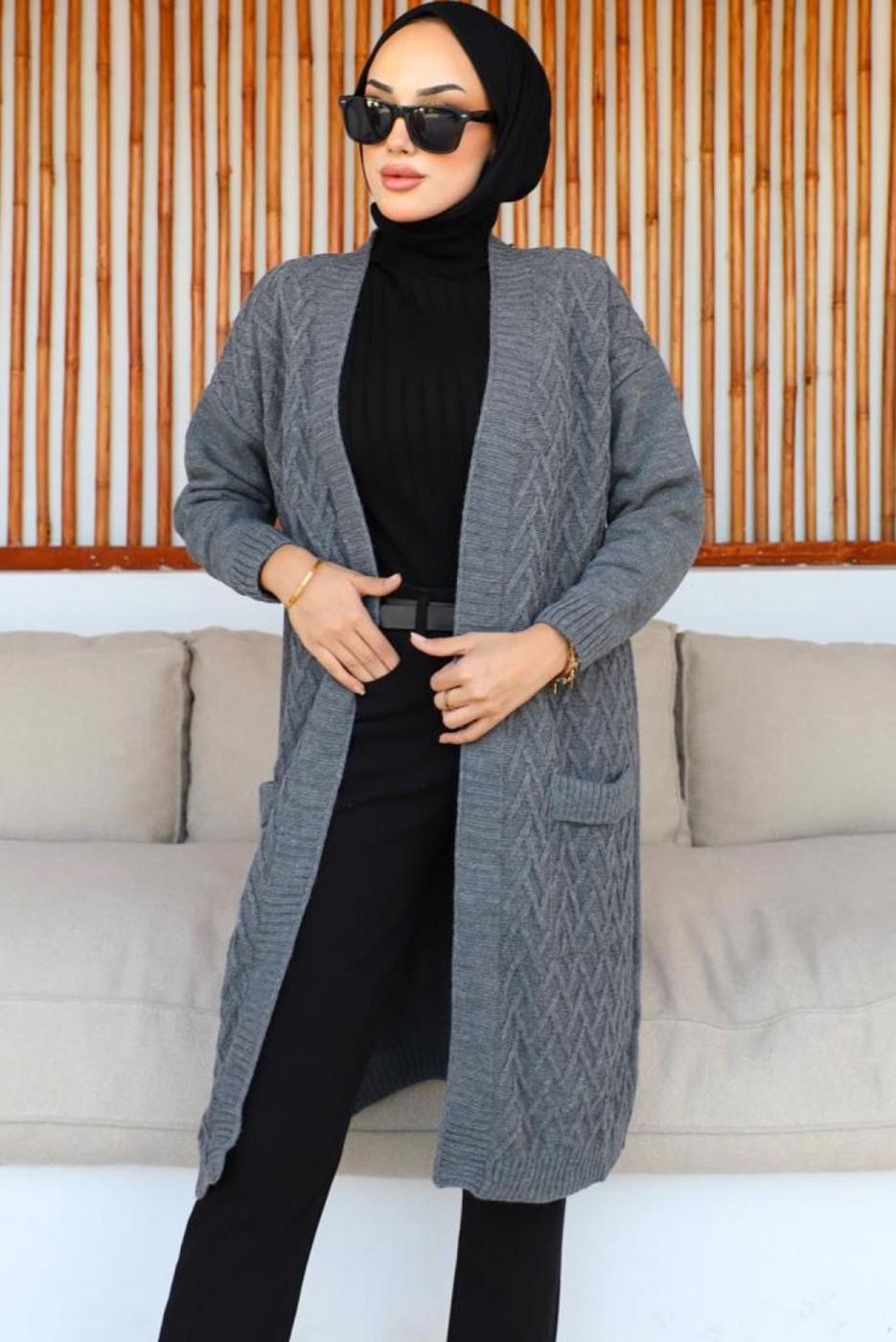 Tesettür giyim GRİ UZUN TRİKO HIRKA T 7604