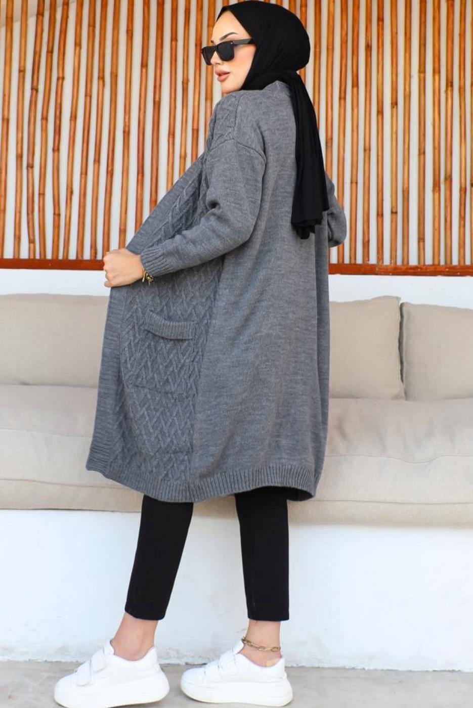 Tesettür giyim GRİ UZUN TRİKO HIRKA T 7604