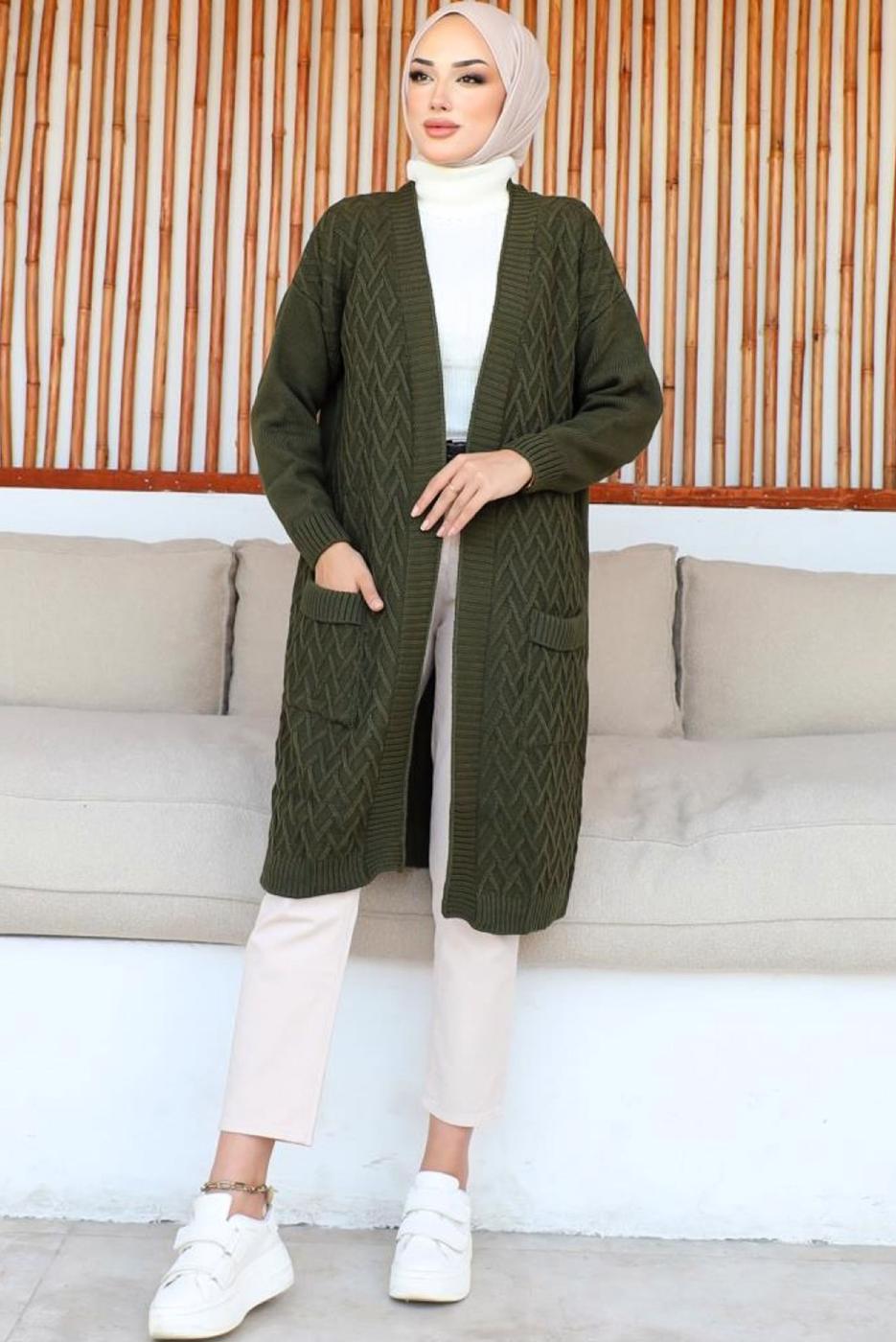 Tesettür giyim HAKİ UZUN TRİKO HIRKA T 7604