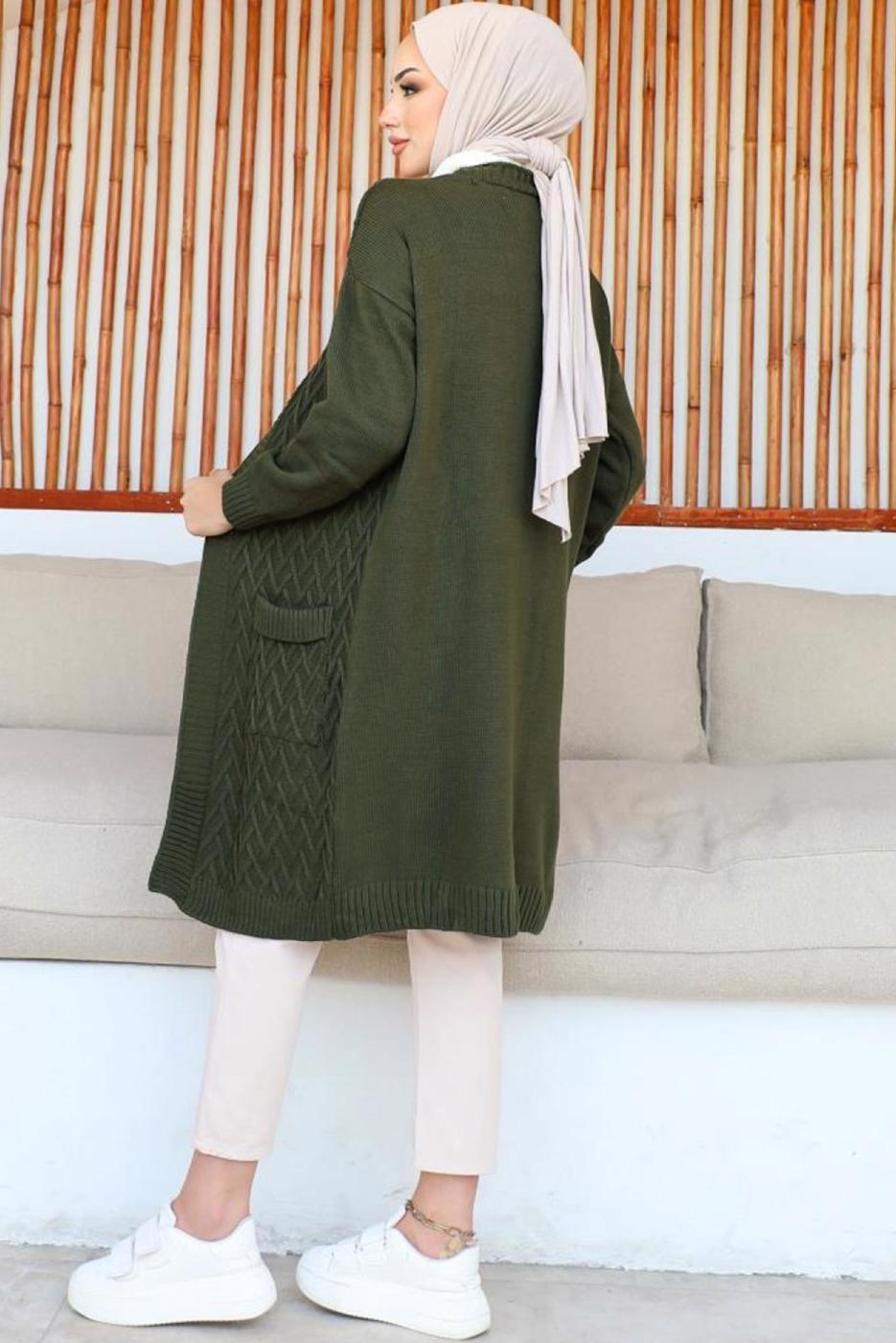 Tesettür giyim HAKİ UZUN TRİKO HIRKA T 7604
