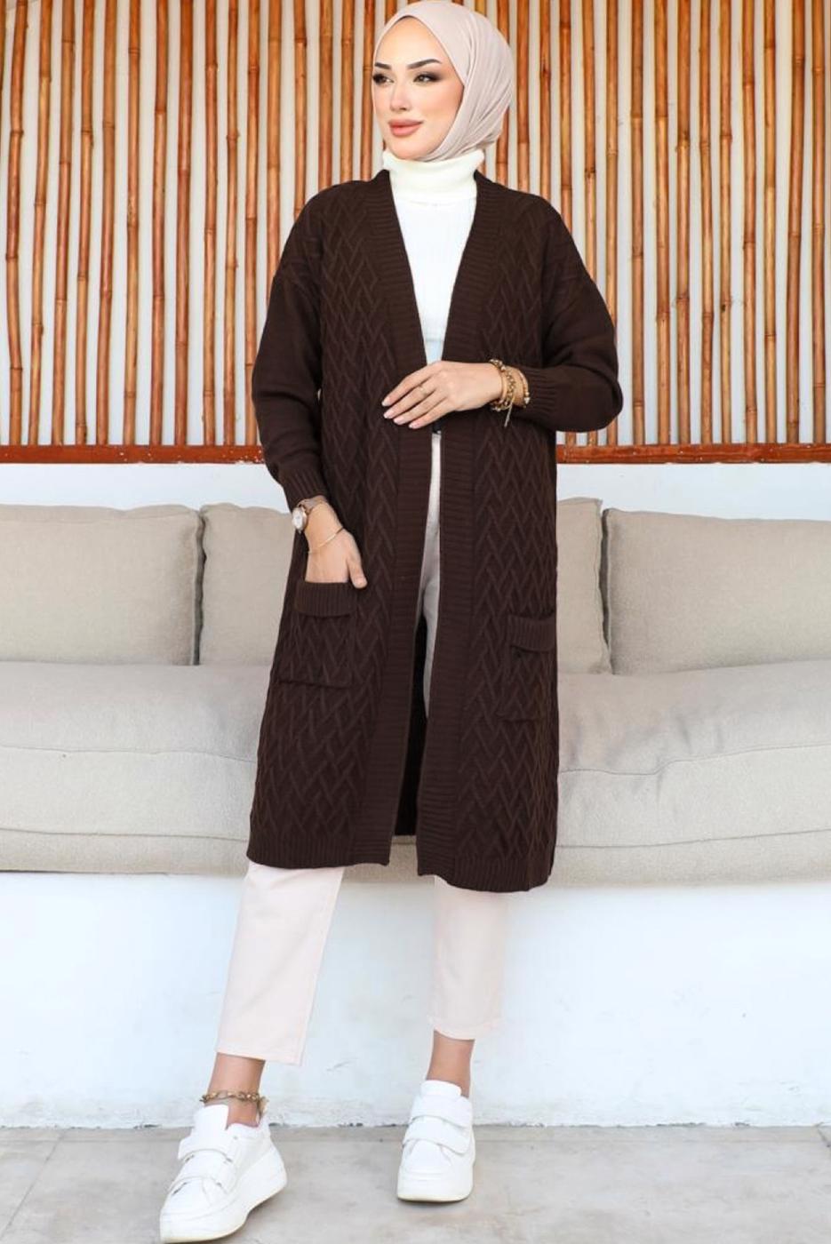 Tesettür giyim KAHVE UZUN TRİKO HIRKA T 7604