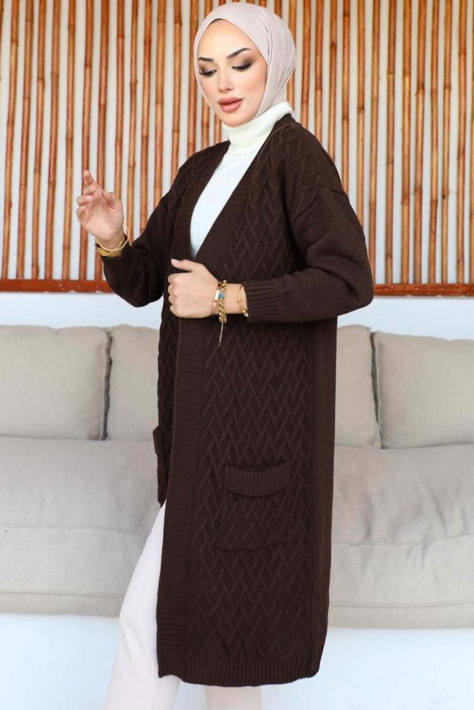 Tesettür giyim KAHVE UZUN TRİKO HIRKA T 7604