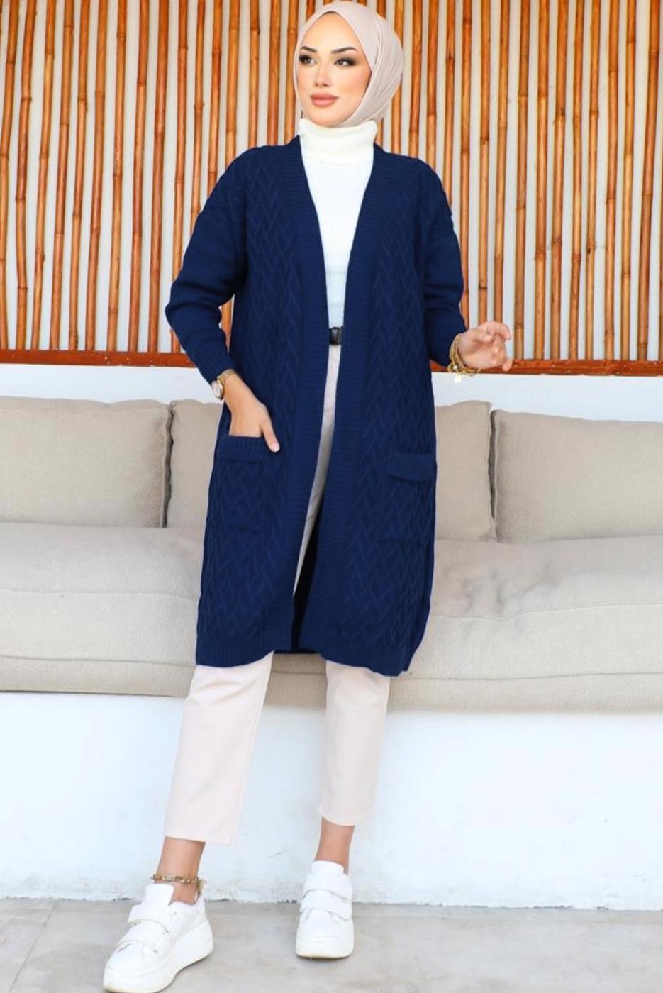 Tesettür giyim LACİVERT UZUN TRİKO HIRKA T 7604