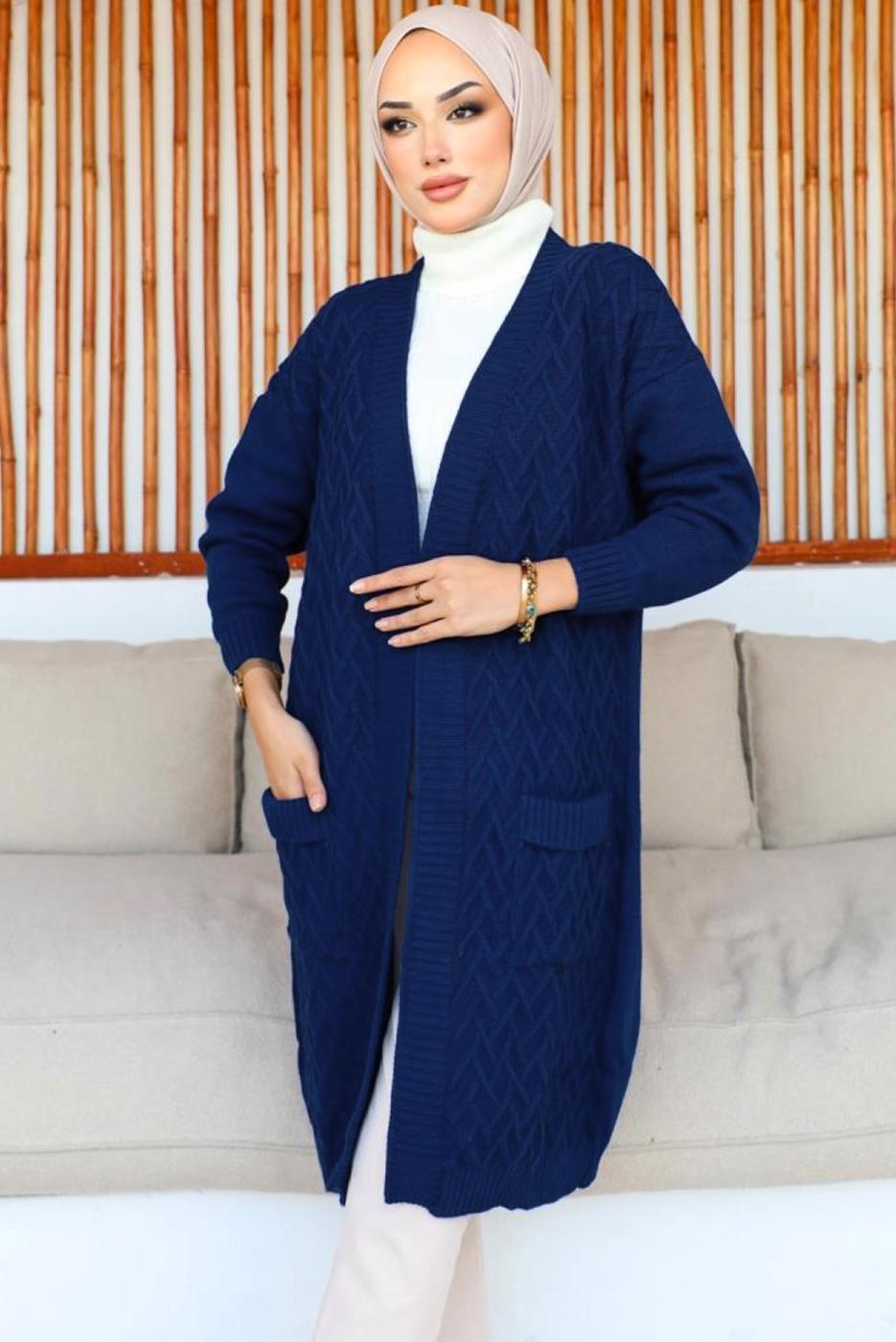Tesettür giyim LACİVERT UZUN TRİKO HIRKA T 7604