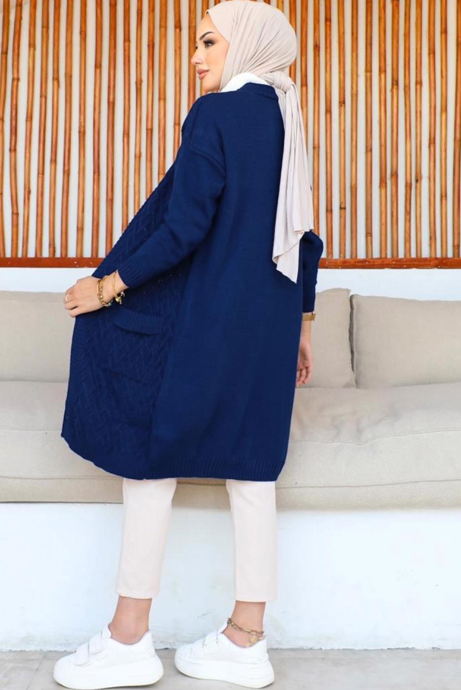 Tesettür giyim LACİVERT UZUN TRİKO HIRKA T 7604