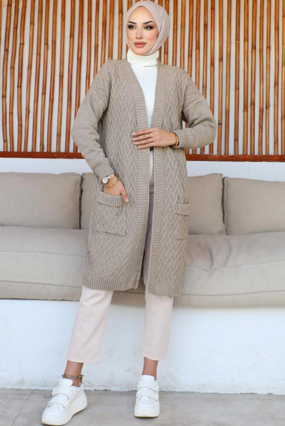 Tesettür giyim VİZON UZUN TRİKO HIRKA T 7604