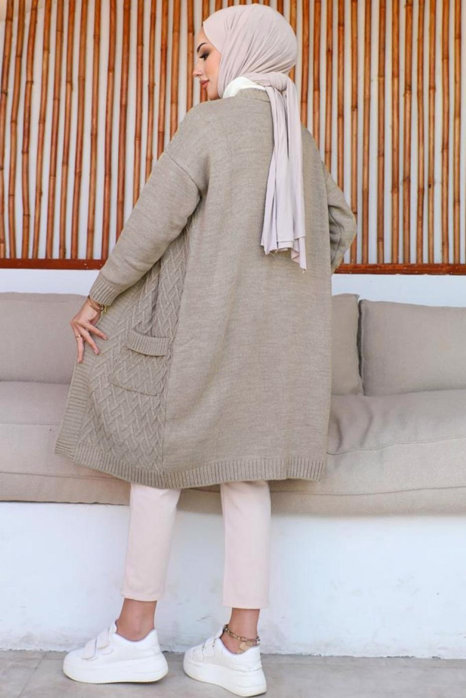 Tesettür giyim VİZON UZUN TRİKO HIRKA T 7604