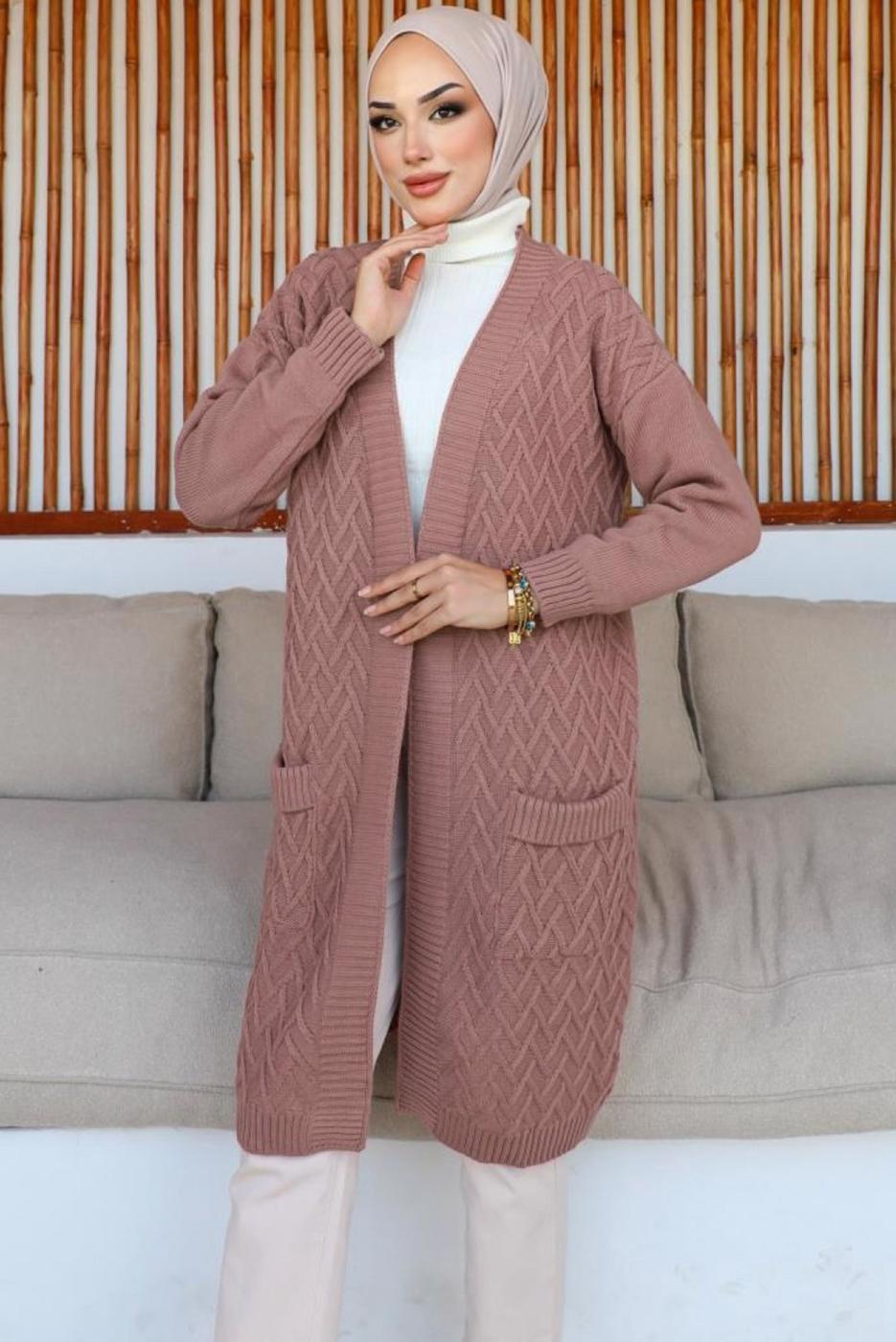 Tesettür giyim PEMBE UZUN TRİKO HIRKA T 7604