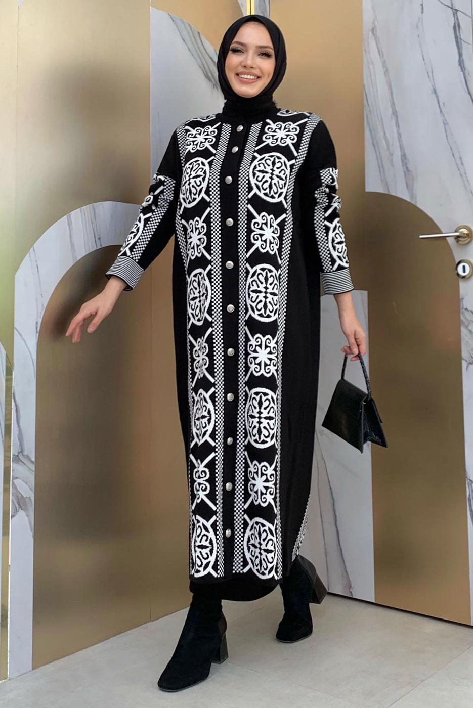 Tesettür giyim SİYAH ETNİK DESENLİ TRİKO CEKET T 8316
